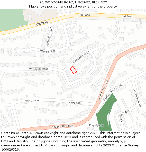 90, WOODGATE ROAD, LISKEARD, PL14 6DY: Location map and indicative extent of plot