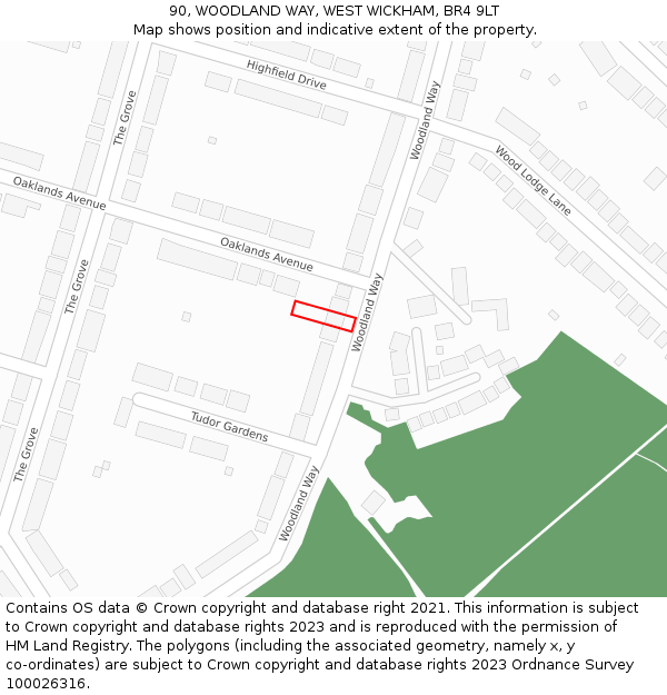 90, WOODLAND WAY, WEST WICKHAM, BR4 9LT: Location map and indicative extent of plot