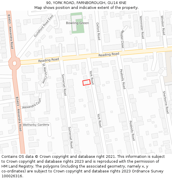 90, YORK ROAD, FARNBOROUGH, GU14 6NE: Location map and indicative extent of plot