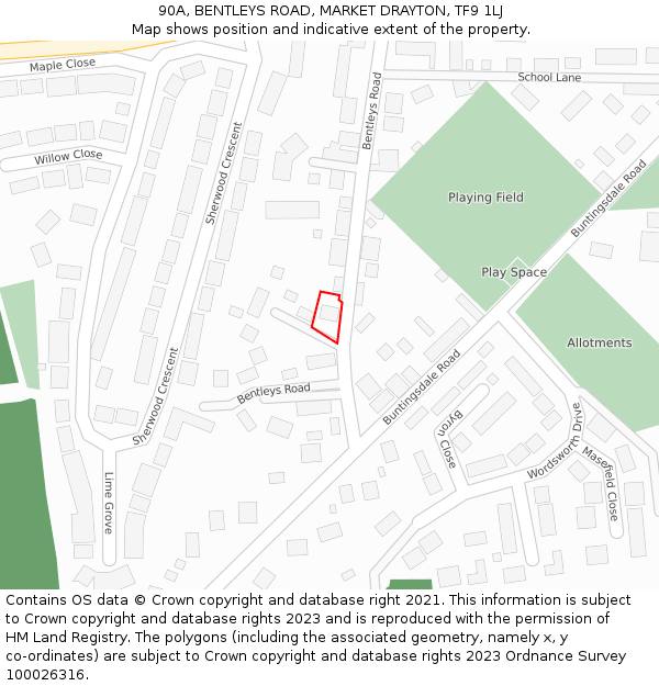 90A, BENTLEYS ROAD, MARKET DRAYTON, TF9 1LJ: Location map and indicative extent of plot