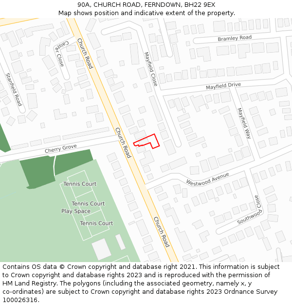 90A, CHURCH ROAD, FERNDOWN, BH22 9EX: Location map and indicative extent of plot
