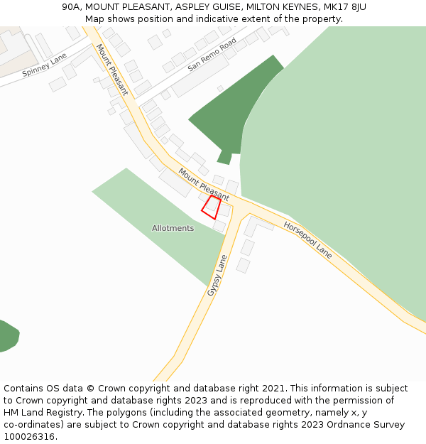 90A, MOUNT PLEASANT, ASPLEY GUISE, MILTON KEYNES, MK17 8JU: Location map and indicative extent of plot