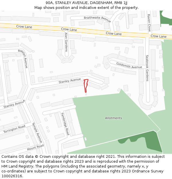 90A, STANLEY AVENUE, DAGENHAM, RM8 1JJ: Location map and indicative extent of plot