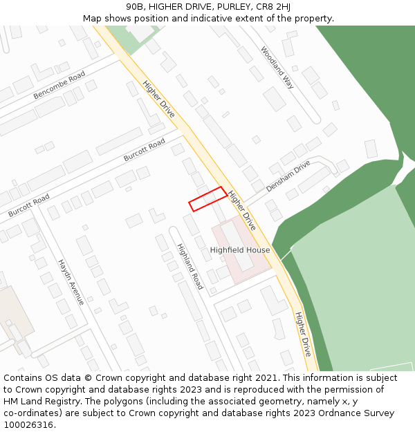 90B, HIGHER DRIVE, PURLEY, CR8 2HJ: Location map and indicative extent of plot