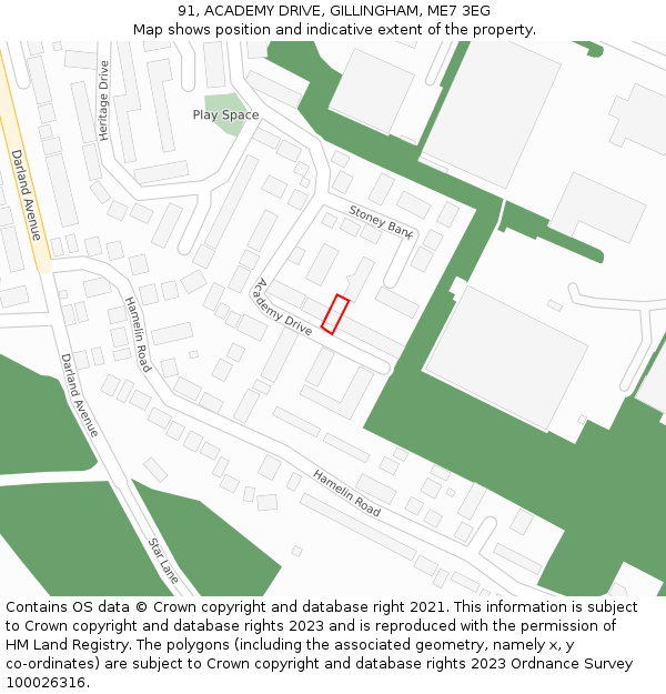 91, ACADEMY DRIVE, GILLINGHAM, ME7 3EG: Location map and indicative extent of plot