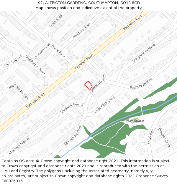 91, ALFRISTON GARDENS, SOUTHAMPTON, SO19 8GB: Location map and indicative extent of plot