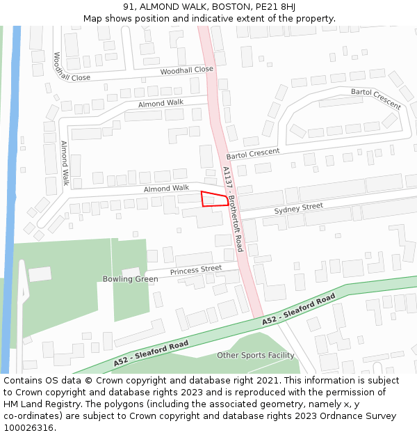 91, ALMOND WALK, BOSTON, PE21 8HJ: Location map and indicative extent of plot