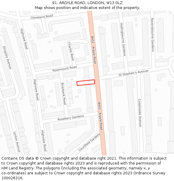 91, ARGYLE ROAD, LONDON, W13 0LZ: Location map and indicative extent of plot