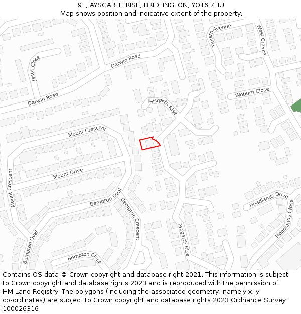91, AYSGARTH RISE, BRIDLINGTON, YO16 7HU: Location map and indicative extent of plot