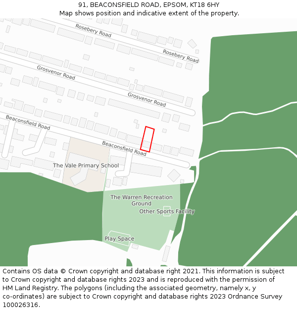 91, BEACONSFIELD ROAD, EPSOM, KT18 6HY: Location map and indicative extent of plot