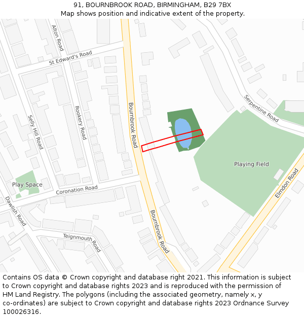 91, BOURNBROOK ROAD, BIRMINGHAM, B29 7BX: Location map and indicative extent of plot