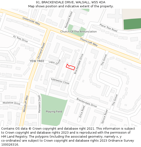 91, BRACKENDALE DRIVE, WALSALL, WS5 4DA: Location map and indicative extent of plot