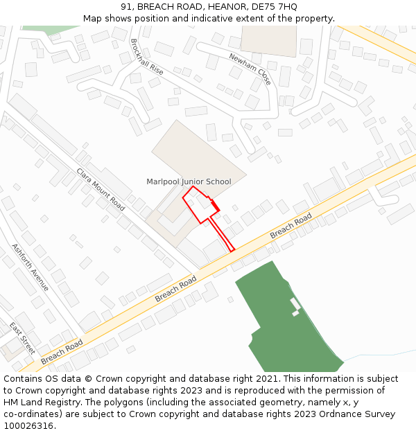 91, BREACH ROAD, HEANOR, DE75 7HQ: Location map and indicative extent of plot