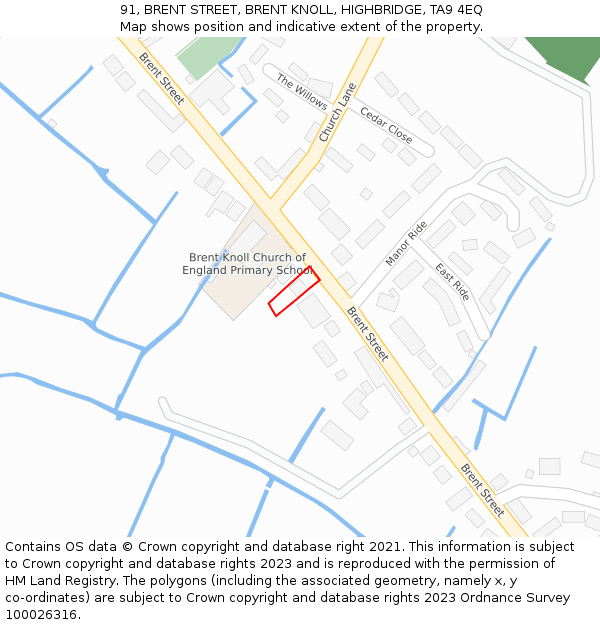 91, BRENT STREET, BRENT KNOLL, HIGHBRIDGE, TA9 4EQ: Location map and indicative extent of plot