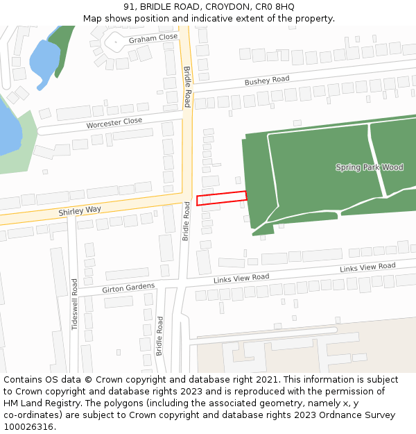 91, BRIDLE ROAD, CROYDON, CR0 8HQ: Location map and indicative extent of plot