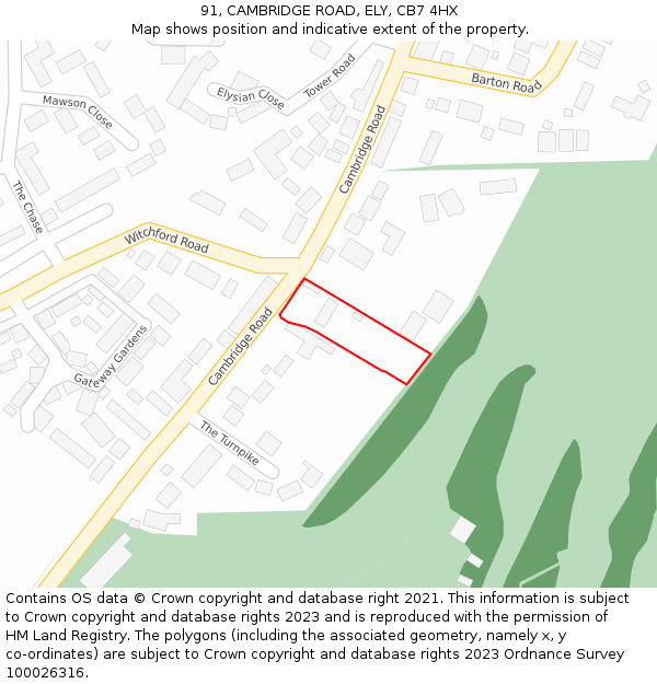 91, CAMBRIDGE ROAD, ELY, CB7 4HX: Location map and indicative extent of plot