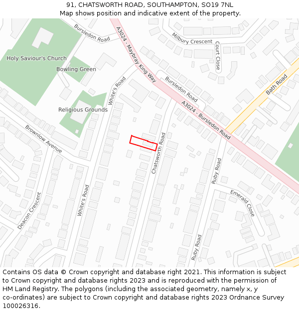 91, CHATSWORTH ROAD, SOUTHAMPTON, SO19 7NL: Location map and indicative extent of plot