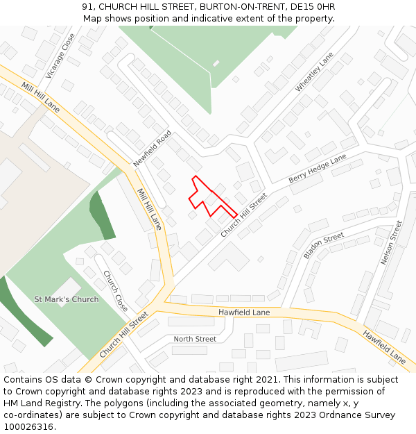 91, CHURCH HILL STREET, BURTON-ON-TRENT, DE15 0HR: Location map and indicative extent of plot