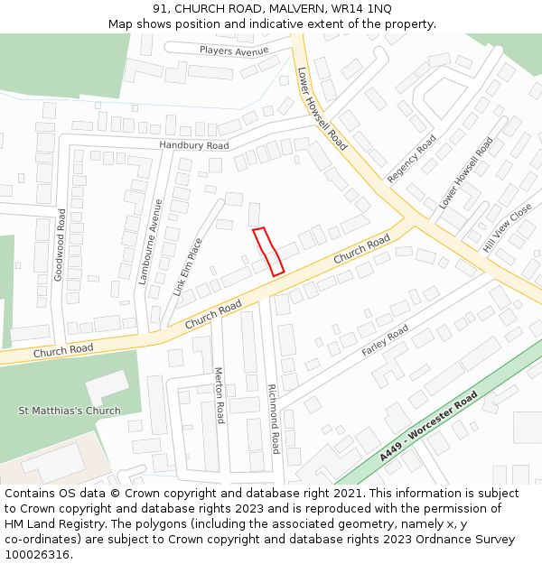 91, CHURCH ROAD, MALVERN, WR14 1NQ: Location map and indicative extent of plot