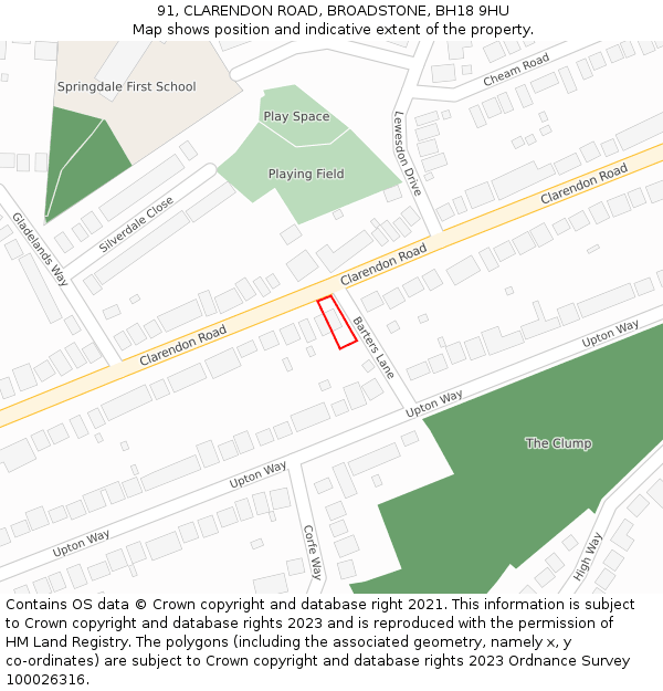 91, CLARENDON ROAD, BROADSTONE, BH18 9HU: Location map and indicative extent of plot