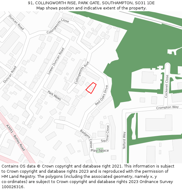 91, COLLINGWORTH RISE, PARK GATE, SOUTHAMPTON, SO31 1DE: Location map and indicative extent of plot