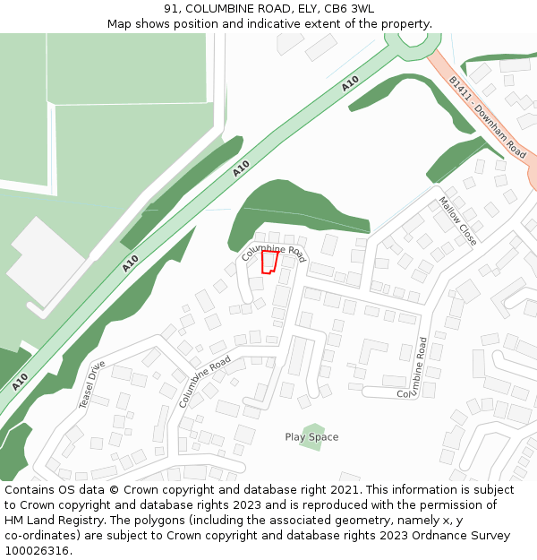 91, COLUMBINE ROAD, ELY, CB6 3WL: Location map and indicative extent of plot