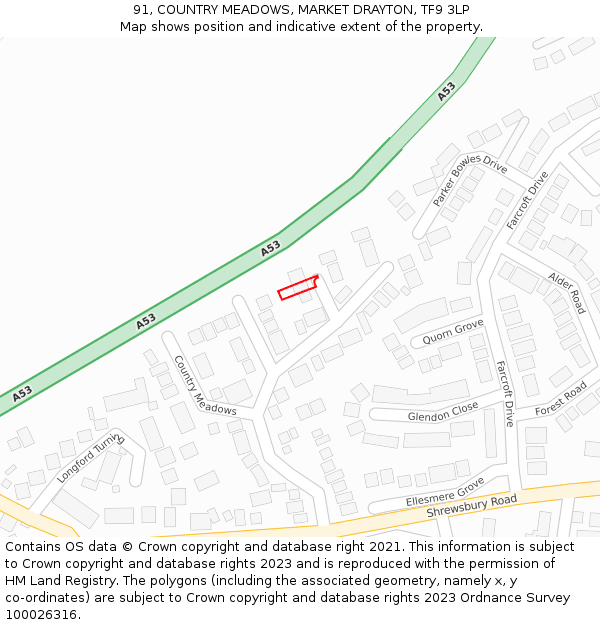 91, COUNTRY MEADOWS, MARKET DRAYTON, TF9 3LP: Location map and indicative extent of plot