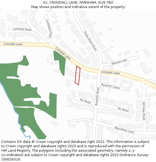 91, CRONDALL LANE, FARNHAM, GU9 7BZ: Location map and indicative extent of plot