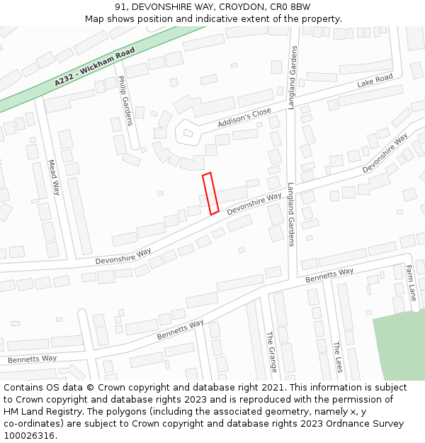 91, DEVONSHIRE WAY, CROYDON, CR0 8BW: Location map and indicative extent of plot