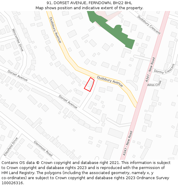 91, DORSET AVENUE, FERNDOWN, BH22 8HL: Location map and indicative extent of plot