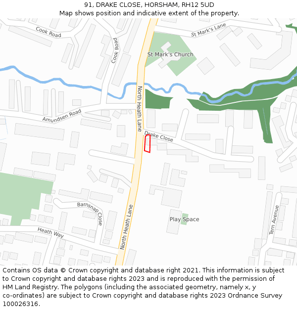 91, DRAKE CLOSE, HORSHAM, RH12 5UD: Location map and indicative extent of plot