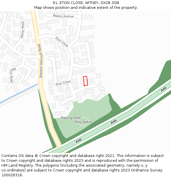 91, ETON CLOSE, WITNEY, OX28 3GB: Location map and indicative extent of plot