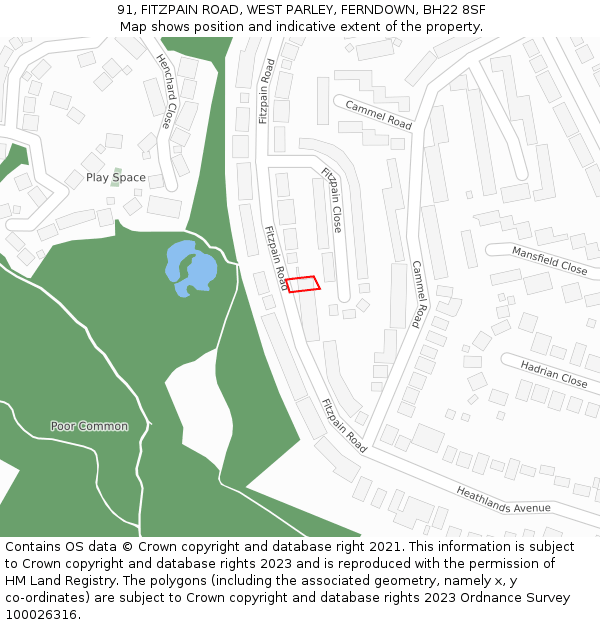 91, FITZPAIN ROAD, WEST PARLEY, FERNDOWN, BH22 8SF: Location map and indicative extent of plot