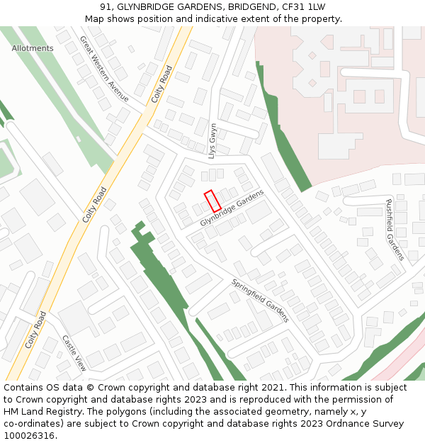 91, GLYNBRIDGE GARDENS, BRIDGEND, CF31 1LW: Location map and indicative extent of plot