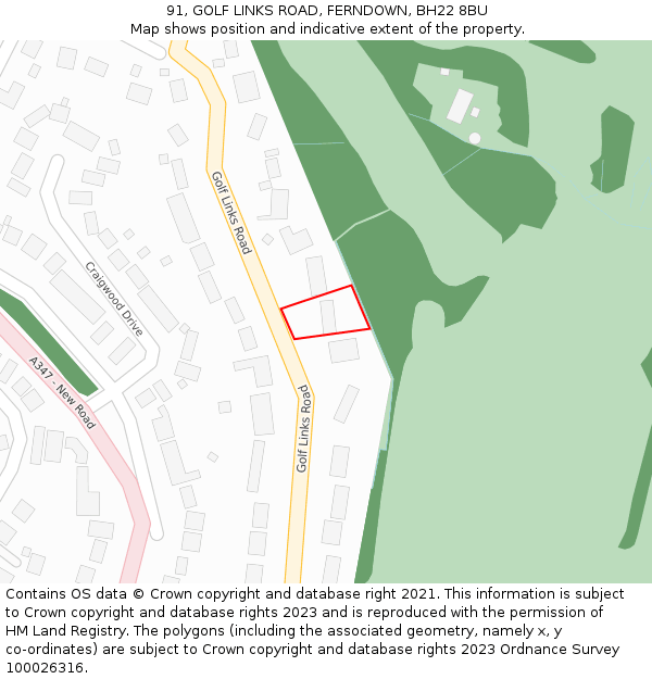 91, GOLF LINKS ROAD, FERNDOWN, BH22 8BU: Location map and indicative extent of plot