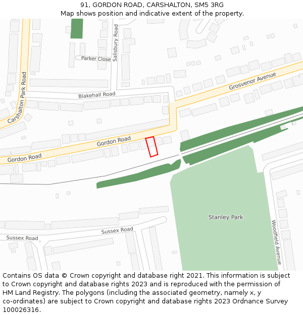 91, GORDON ROAD, CARSHALTON, SM5 3RG: Location map and indicative extent of plot