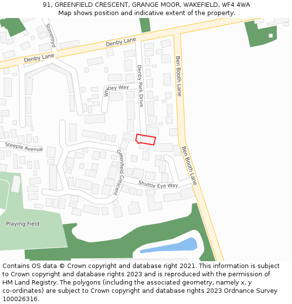 91, GREENFIELD CRESCENT, GRANGE MOOR, WAKEFIELD, WF4 4WA: Location map and indicative extent of plot