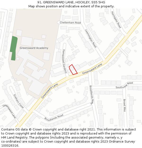 91, GREENSWARD LANE, HOCKLEY, SS5 5HG: Location map and indicative extent of plot