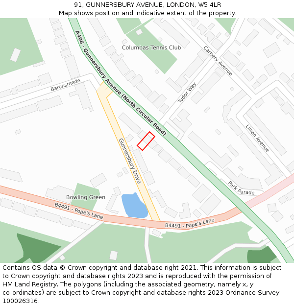 91, GUNNERSBURY AVENUE, LONDON, W5 4LR: Location map and indicative extent of plot