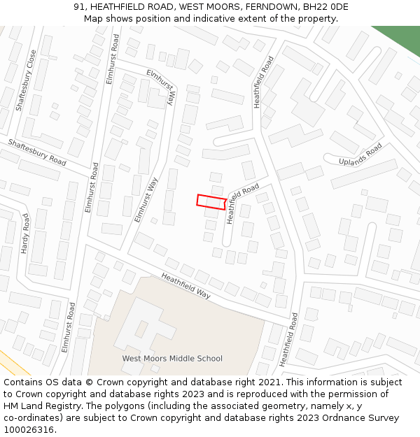 91, HEATHFIELD ROAD, WEST MOORS, FERNDOWN, BH22 0DE: Location map and indicative extent of plot