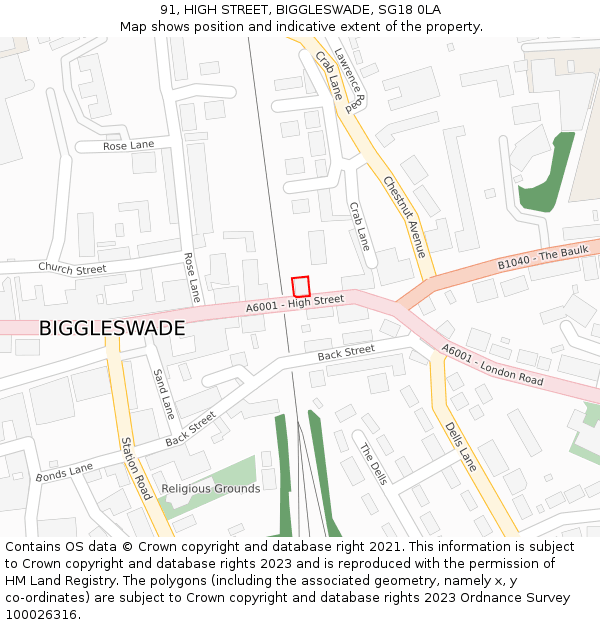 91, HIGH STREET, BIGGLESWADE, SG18 0LA: Location map and indicative extent of plot