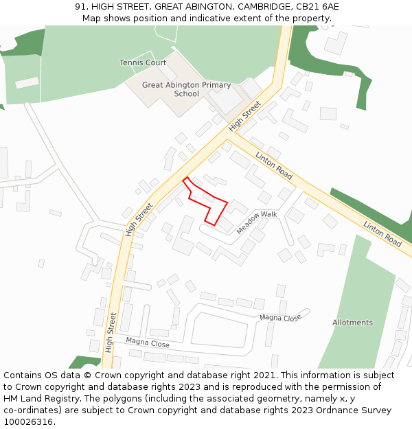 91, HIGH STREET, GREAT ABINGTON, CAMBRIDGE, CB21 6AE: Location map and indicative extent of plot