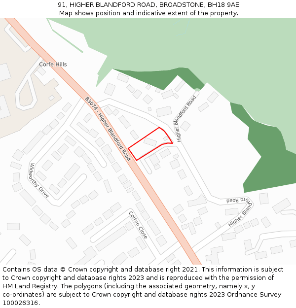 91, HIGHER BLANDFORD ROAD, BROADSTONE, BH18 9AE: Location map and indicative extent of plot