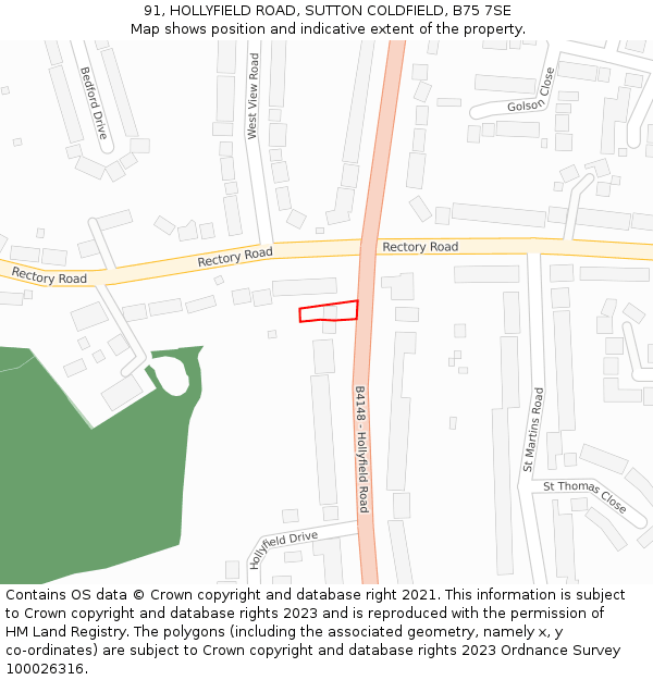 91, HOLLYFIELD ROAD, SUTTON COLDFIELD, B75 7SE: Location map and indicative extent of plot