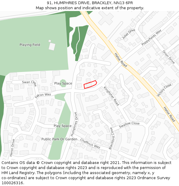 91, HUMPHRIES DRIVE, BRACKLEY, NN13 6PR: Location map and indicative extent of plot