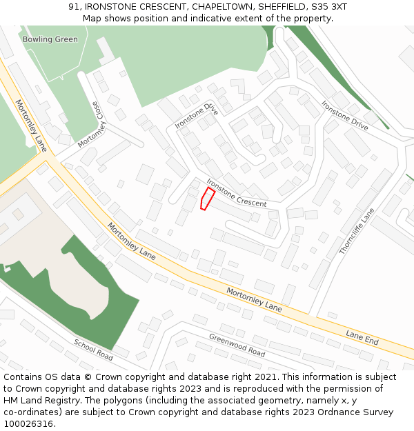 91, IRONSTONE CRESCENT, CHAPELTOWN, SHEFFIELD, S35 3XT: Location map and indicative extent of plot