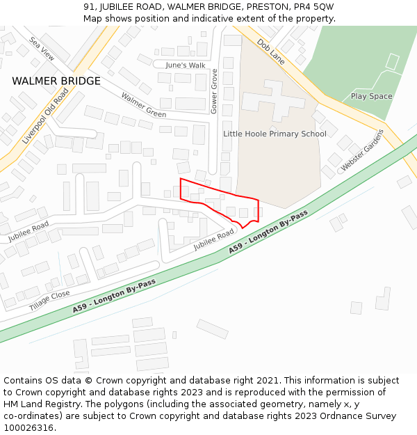 91, JUBILEE ROAD, WALMER BRIDGE, PRESTON, PR4 5QW: Location map and indicative extent of plot