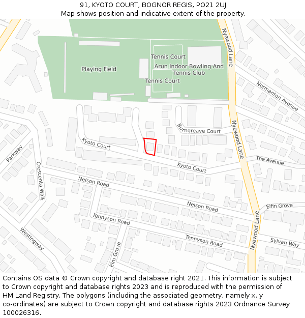 91, KYOTO COURT, BOGNOR REGIS, PO21 2UJ: Location map and indicative extent of plot