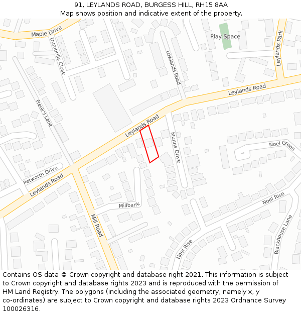 91, LEYLANDS ROAD, BURGESS HILL, RH15 8AA: Location map and indicative extent of plot