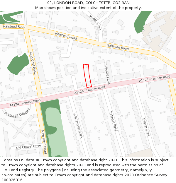 91, LONDON ROAD, COLCHESTER, CO3 9AN: Location map and indicative extent of plot